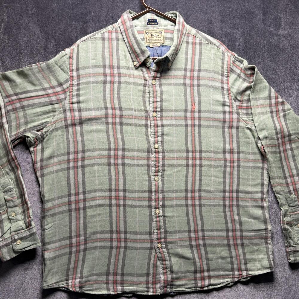 Polo Ralph Lauren Shirt Mens 2XL Green Plaid Classic Un tucked Button Up